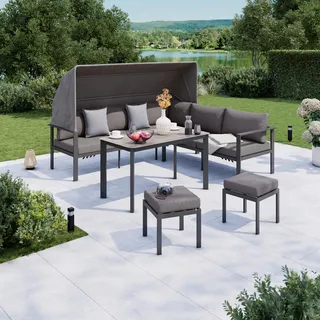 Ambia Garden Dining-Loungeset , Anthrazit, Grau , Metall, Glas, Textil , 5-teilig , Füllung: Schaumstoff,Polyester , 224x64x149 cm , Gartenmöbel, Gartengarnituren, Gartenmöbel-Sets