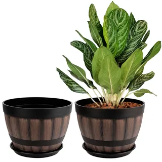 BELLE VOUS 2er Pack Blumentöpfe aus Kunststoff - Indoor und Outdoor Pflanzentopf Set Ø 22,5cm - Pflanztopf Set mit Entwässerungslöchern & Untertassen - Plant Pot Holz-Look