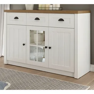 furn.design Kommode Seyne (Sideboard in Pinie weiß mit Eiche hell, 130 x 86 cm), 3 Schubladen mit Vollauszug weiß