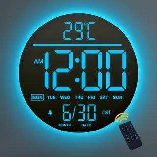 Mee 2ou 10" Digitale Wanduhr mit Nachtlicht, Alarm, Fernbedienung, 11 RGB-Farben, Auto Helligkeit, Temperaturanzeige, Datum & Wochentag, Moderne elektrische LED Wanduhr für Schlafzimmer und Wohnzimmer