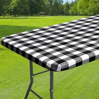 Dremisland Schwarz-Weißes Karo Tischdecke Abwischbar mit Elastischem Rand Spanntischdecke Wachstuchtischdecke Gartentischdecke Outdoor Plastik Tischdecke Für Bierzeltgarnitur Party Küche Picknick