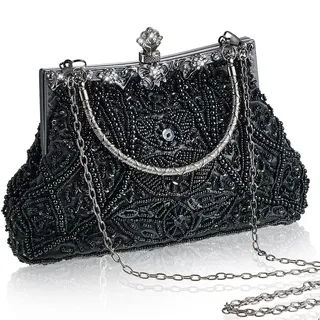 Amylove Clutch, Abendtasche im Stil der 1920er-Jahre, Vintage-Stil, mit Perlen, für Braut, Hochzeit, Gäste, Geschenk, Geldbörse, Abschlussfeier, Abschlussball, Party, Clutch, Schwarz