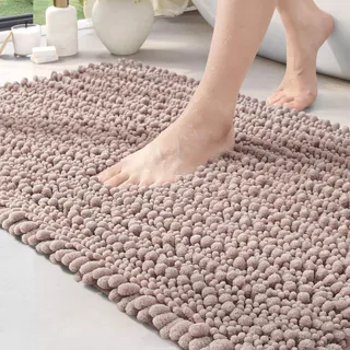 DEXI Badezimmerteppich 60 x 110 cm,Chenille Badematte rutschfest,weicher Badvorleger Maschinenwaschbar,Mikrofaser Absorbent Badteppich für Badewanne,Dusche und Badezimmer - Beige