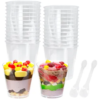 Cisolen 25 Stück Dessertgläser mit Löffeln, Desserttasse 7oz/210ml Dessertbecher Wiederverwendbar Runde Dessertschalen Transparenten Desert Becher für Mousse Kuchen Eis Joghurt Pudding Dessert