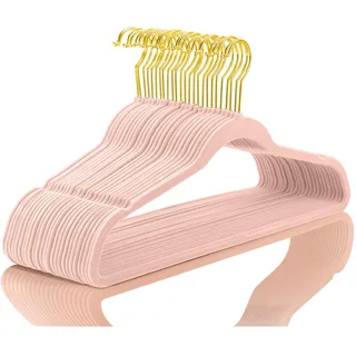 MIZGI Hochwertige Samt-Kleiderbügel (50 Stück), robust, rutschfest, Samt, Anzugbügel, Blush Pink, Goldfarbene Haken, platzsparende Kleiderbügel, Filz-Organizer