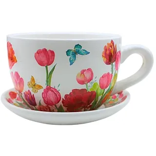 Dekohelden24 Blumentopf, Pflanztasse, Pflanzkübel, Pflanzgefäß, Blumenkübel, Pflanztopf. Übertopf als Tasse mit Griff aus Keramik, Motiv: Tulpenmeer, L/B/H 20 x 15 x12 cm.