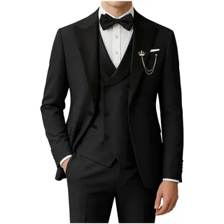 Sptallfitjsv, Herren 3-teiliges Smoking-Set, doppelt geknöpftes Sakko mit Fliege, Slim Fit, für Hochzeit, Abschlussball oder Abendessen