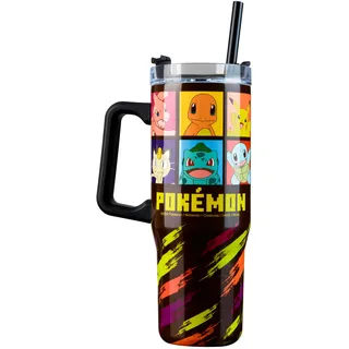 Pokemon Trinkbecher mit Deckel und Strohhalm 940ml, Thermobecher mit Henkel Doppelwandig Isoliert, Hält 17h Kalt, 8h Heiß & 45h Eisgekühlt