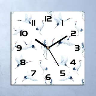 Wanduhr Echt-Glas-Küchenuhr Aquarell Kraniche Quarz Lautlos 30x30 Deko Bilder - Blau