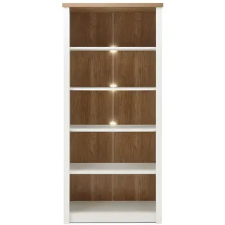 Furn.Design Regal weiß Pinie, Eiche hell Landhaus, Standregal 90 x 198 cm , Weiß, Eichefarben , Holzwerkstoff , Nachbildung,Pinie , 4 Fächer , Sockel , 90x198x43 cm , FSC 100% , Wohnzimmer, Regale, Bücherregale