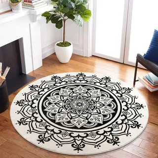 Carvapet Teppich Rund 90cm Weich und Flauschig Teppich Gegend Kreis rutschfest Waschbar Böhmisches Mandala Bodenteppich Wohnzimmer Schlafzimmer(Schwarz Mandala)