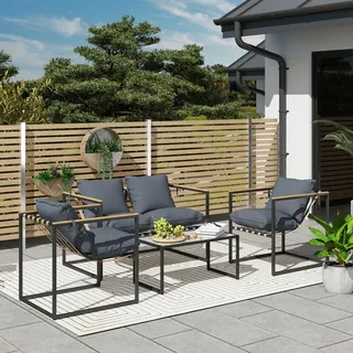 Outsunny Stahl Gartenmöbel Set 4 Personen wetterfest Balkonmöbel-Set mit 2er Sofa Grau, - Metall , Gartenmöbel, Gartengarnituren, Gartenmöbel-Sets