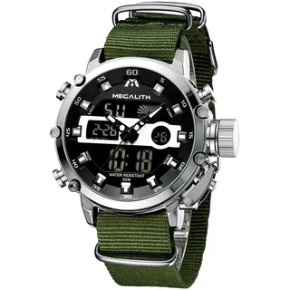 MEGALITH Herrenuhr Militär Digitaluhr Sportlich - Armbanduhr Herren Groß Wasserdicht LED Uhren fur Männer Grünes Nylon Stoppuhr Wecker Kalender