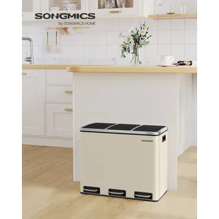 SONGMICS Mülleimer Küche, 3 x 18 L, Mülltrennsystem 3 Fächer, Abfalleimer, Treteimer, für gelben Sack - Beige