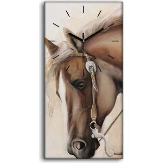 Wanduhr Leinwand Bild Uhr Kunstdruck 30x60 Foto Wand Pferdekopftier mit Reiter - schwarze Hände - Braun