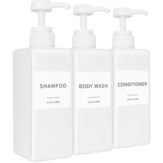 Shampoo- und Conditioner-Spender, nachfüllbare Kunststoff-Pumpflaschen mit Wasserdichten Etiketten, leeres Körperwaschspender-Set für Badezimmer und Dusche (Weiß, 3 Stück, 479 g)