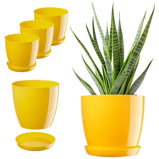 KADAX Blumentopf, Pflanzkübel-Set mit Untersetzer, Blumenkübel aus Kunststoff, runder Pflanztopf für Innenbereich, Übertopf für Blumen und Zimmerpflanzen, Kräutertopf (Set 3: 20cm, Gelb)