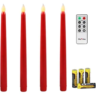 Rhytsing Rot 4 Flammenlose LED Spitzkerzen mit Timerfunktion, Led Stabkerzen Tafelkerzen, Leuchterkerzen mit warmweißes Licht, Höhe je 27.5cm, Fernbedienung und Batterien enthalten