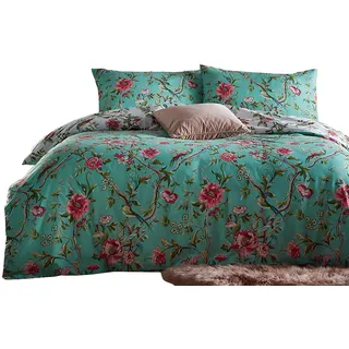 furn furn. Vintage Chinoiserie Bettbezug und Kissenbezug-Set, Polybaumwolle, Jade, Doppelt