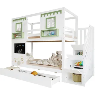 Redom Etagenbett 90/200 cm aus Kiefer/MDF mit Treppenregal, 2 Schubladen und Lochbrett, Weiß/Grün , Holz , 90x200 cm , Babymöbel & Kindermöbel, Kinderzimmer & Jugendzimmer, Stockbetten