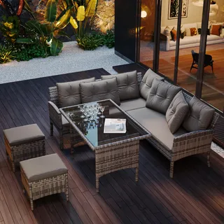 Ball & Cast Gartenmöbel Set aus Rattan, 5-teilig mit Abnehmbaren und Waschbaren Sitzkissen, Balkonmöbel mit Sofa, Tisch und Hocker für Terrasse/Garten, Grau