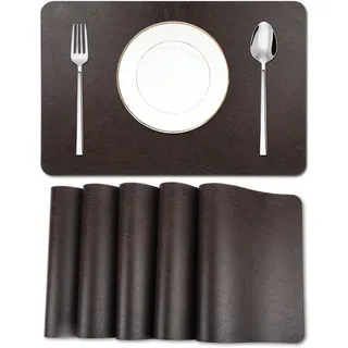EDanle Tischsets aus Kunstleder, mit Rindsleder-Muster, hitzebeständig, rutschfest, wasserdicht, abwischbar, waschbar, für Küche, Esszimmer, PU-Tisch, doppelseitig, Schwarz, Braun, 6 Stück