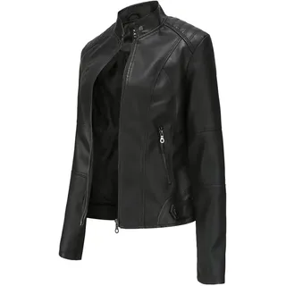 Damen Bomberjacke Bikerjacke Kunstleder mit Taschen Schwarz M - Schwarz