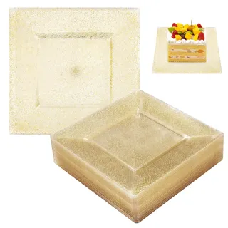 BluVast Plastik Teller, 10er Packung Plastikteller, 16.5 cm Plastikteller Mehrweg, Transparentes Gold Teller Plastik, Quadrat Plastic Plates Geeignet für Hochzeiten Partys Geburtstage Weihnachten
