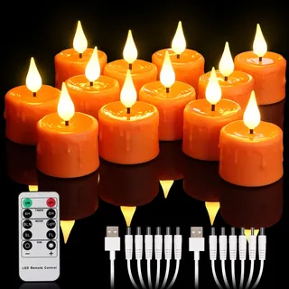 yunsheng 12 Orange Stück Wiederaufladbare Teelichter mit Fernbedienung und 4/6H Timer, Aufladbar Flammenlose Flackernde LED Kerzen mit 2 Stück USB-Kabel, 3D-Silikon Docht, Warmweißes für Hause Deko