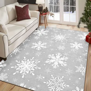 Alishomtll Weihnachten Teppich Läufer 90x150cm, Schneeflocke Weihnachtsteppich, rutschfest Waschbar Weicher Küchenteppich, Kurzflor Teppich für Haustiere, Weihnachten Deko für Küche Wohnzimmer, Grau