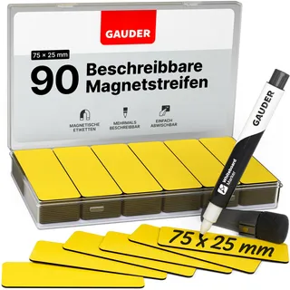 GAUDER Magnetetiketten beschreibbar (75 x 25 mm) | 90 Stück Magnetschilder zum Beschriften | Magnetkarten ideal für Kanban Board, Whiteboard & Tafel