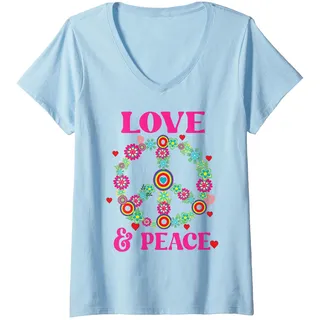 Damen Peace Love 60er 70er Jahre Flower Power Hippie Outfit T-Shirt mit V-Ausschnitt