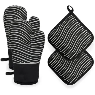 Allinside Set mit 2 Ofenhandschuhen und Topflappen, hitzebeständige Ofenhandschuhe, Kochhandschuhe mit rutschfestem Silikonstreifen, für Küche, Backen, Grillen
