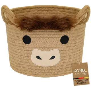 HMF Aufbewahrungskorb verlängerten mit Griffen, runder Korb aus Baumwolle für Kinderzimmer | Highlander Kuh |30 x 30 x 24 cm | Braun