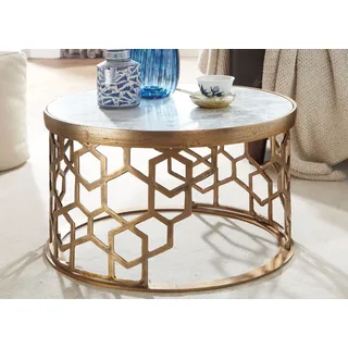 FineBuy Couchtisch Echter Marmor Weiß 60x60x36 cm Sofatisch Metall Gold Wohnzimmertisch Rund Kleiner Kaffeetisch Modern Beistelltisch Anstelltisch - Weiß