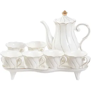 DUJUST 14 Teiliges Teeservice mit 6 Tabletts und -Löffeln, Luxuriöses Kaffeetassen-Set im Britischen Stil mit Goldenem Rand, Schönes Porzellan-Tee-Set, Tee-Party-Set, Geschenkpaket - Weiß