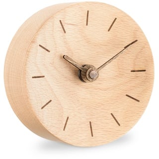 Navaris Analog Holz Tischuhr rund - 11 x 11 x 3,5cm - analoge Deko Tisch Uhr ohne Ticken mit Holz Ziffernblatt und Zeigern - leise Holzuhr Hellbraun