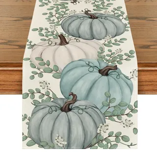 Artoid Mode DREI Blau Kürbisse Eukalyptus Herbst Tischläufer 40x180 cm