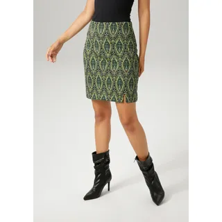 Minirock ANISTON CASUAL, Damen, Gr. 46, schwarz (schwarz, smaragdgrün, wollweiß, gelb, apfelgrün), Jersey, Obermaterial: 63% Polyester, 34% Viskose, 3% Elasthan, Jacquardmuster, gemustert, sehr figurbetont kniefrei, Röcke Minirock, mit farbharmonischem Ornament-Muster