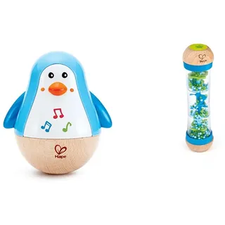 Hape Stehauf-Pinguin | Farbiger Stehauf-Pinguin mit Melodie, Stehauf-Spielzeug für Kinder im Alter von 6 Monaten und älter & Regenmacher | Mini-Rassel aus Holz Regenmacher-Spielzeug, Blau