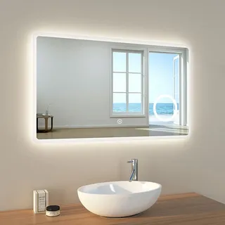 EMKE LED Badspiegel, Beleuchtung 3 Lichtfarbe 3000-6400K kaltweiß Neutral Warmweiß Lichtspiegel Wandspiegel mit Touchschalter IP44 energiesparend LM13CK-EMKE Stil J 100 x 60 cm Touch+ 3 Lichtfarbe