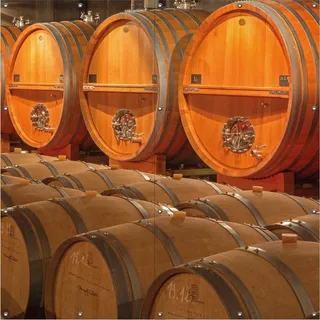 Wallario Outdoor-Poster für Garten oder Balkon, Motiv Weinkeller mit alten Holzfässern, in ca. 180 x 180 cm - Schwarz