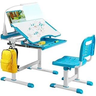 Kindertisch und Stuhl mit Bücherständer & LED-Licht, höhenverstellbarer Kinderschreibtisch Set mit gekippter Tischplatte & Schublade, Kinder Schreibtisch für Jungs & Mädchen (Blau)