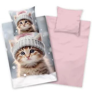 Aminata kids - Biberbettwäsche 135x200 Katzen-Motiv für Mädchen, Rosa grau, 100% Baumwolle, Reißverschluss - Warm, Weich & Kuschelig - Flanellbettwäsche