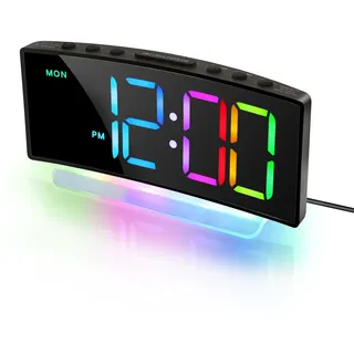 Lafocuse Bunter Wecker Digital mit 8 RGB LED Display & 7 RGB Nachtlicht, Laut Kinderwecker mit 2 Alarmen, Snooze, Helligkeit und Lautstärke Regelbar, Kinder Tischuhr Nachttisch Jungen Mädchen, Schwarz
