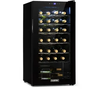 Klarstein Weinkühlschrank, 1 Zonen Getränkekühlschrank Klein, Kleiner Weinschrank 74L, Wein-Kühlschrank Klein mit Glastür, Indoor/Outdoor Flaschenkühlschrank, Wine Fridge 5-18°C, 28 Flaschen - Schwarz
