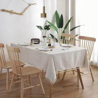meioro Rechteckige Quaste Tischdecke aus Baumwolle und Leinen, 90 x 90cm | Volltonfarbe Tischdecken, Dekorative Outdoor Tischtuch, Esszimmer Tabletop Boho Küche und Wohnzimmer Party Decor Table Cloth