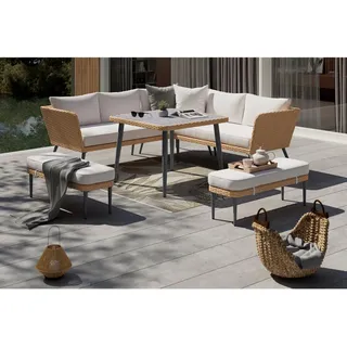 Ambia Garden Dining-Loungeset , Naturfarben, Hellgrau, Dunkelgrau , Metall, Kunststoff, Textil , 6-teilig , Füllung: Schaumstoff,Polyester , Gartenmöbel, Gartengarnituren, Gartenmöbel-Sets