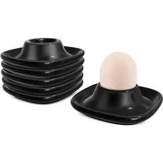 Flexzion Eierbecher für weich gekochte Eier - 6er Set Keramik Eierhalter - Stapelbare Eierkoddler Becher mit Boden zum Servieren, Frühstück, Brunch - Küchentisch Dekor, Schwarz