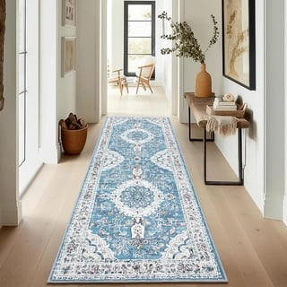 Enyhom Teppich Läufer 60 x 180 cm, Weich rutschfest Blau Kurzflor Küchenteppich Klassisch Flur Eingangsbereich Waschbar Schmutzfangmatte Lang Innen für Waschküche Eingang Badezimmer